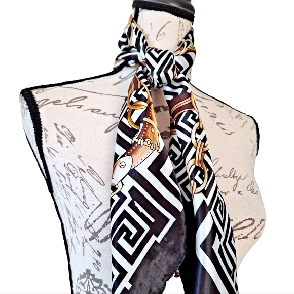 Satin square scarf Equestrian bridle Horse black white retro hair neck 💖2/$30 - Picture 12 of 14